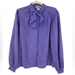 Vintage Lucia Purple Paisley Jacquard Bow Blouse Size 12 Statement Secretary Top